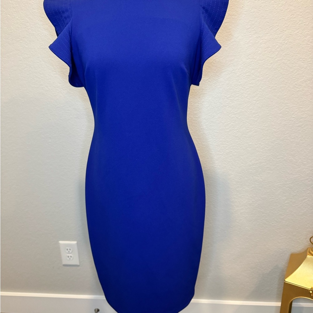 Calvin Klein Blue Flutter Sleeve Sheath Dress C001